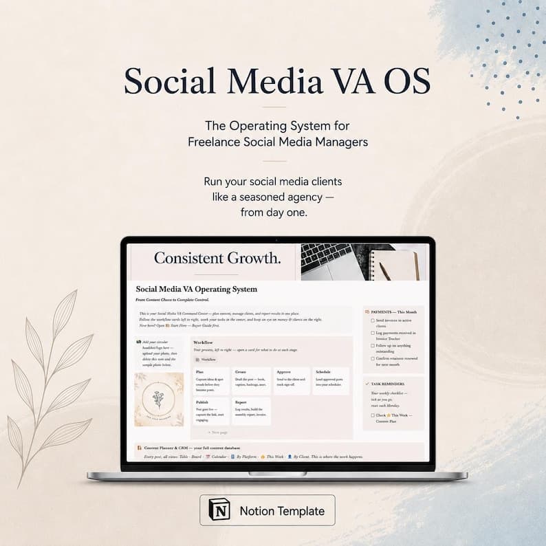 Social Media VA Operating System dashboard in Notion